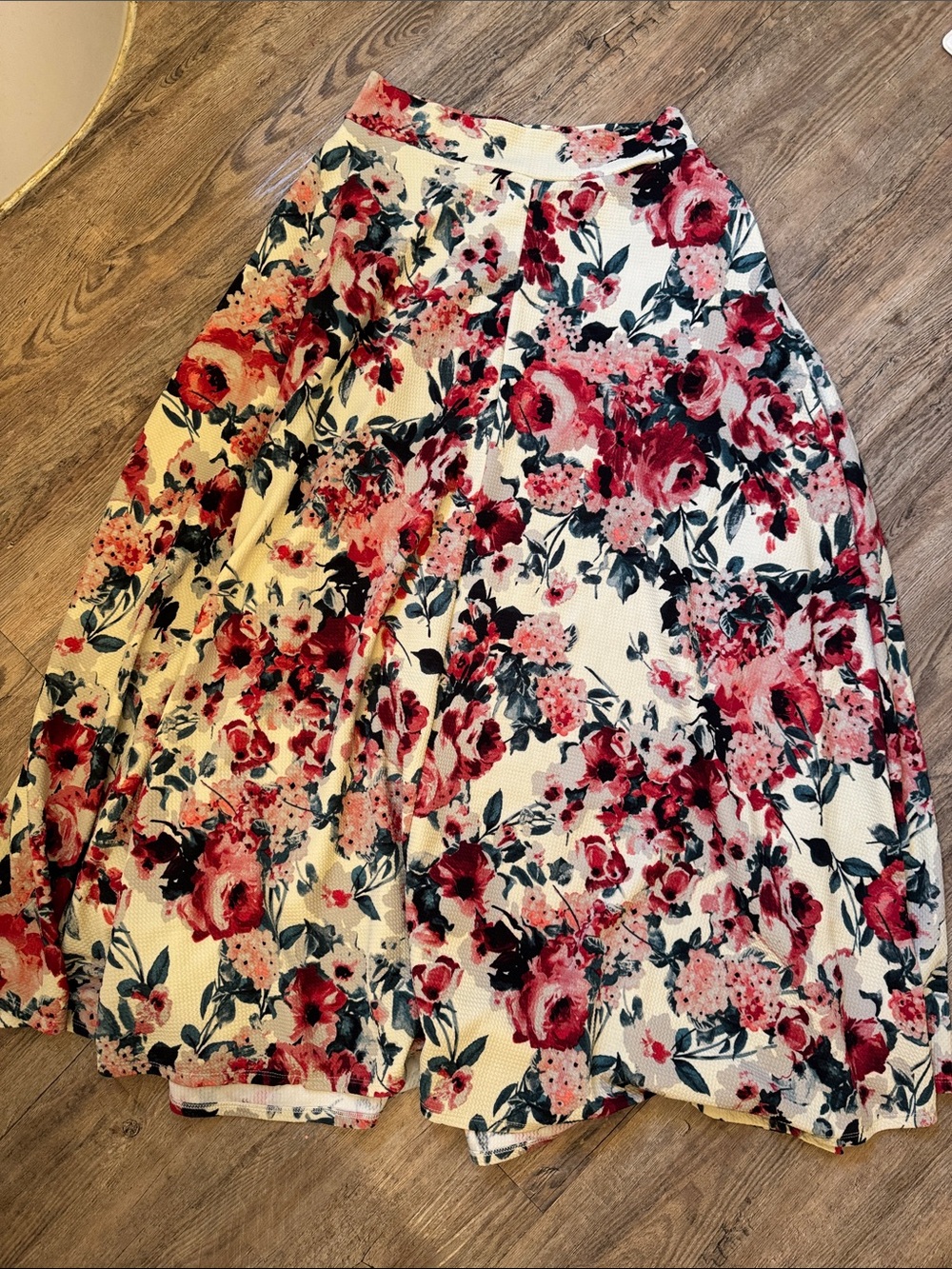 Agnes & Dora Cream Floral A-Line Midi Skirt with Pink Roses